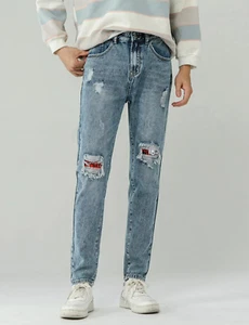 Ripped Pocket Washed Blue Straight Leg New Denim Men Zip Plain Casual Jeans - Picture 1 of 9