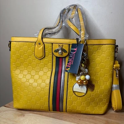 NEW Diophy Women's Vegan Leather Yellow Handbag w/ Strap & Bag Charms Purse - Image 1 of 4