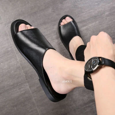 Fashion Men Summer Solid Slip on Faux Leather Flat Slippers Round Open Toe Shoes - Image 1 of 4