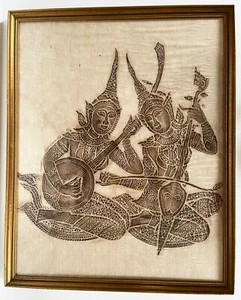 Vintage Mid-Century Thai Temple Rubbing on Rice Paper, Two Musicians, Framed - Picture 1 of 5