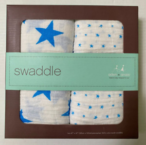 Aden + Anais 2 100% Cotton Muslin Swaddle Blankets Blue Stars New in Box 47"
