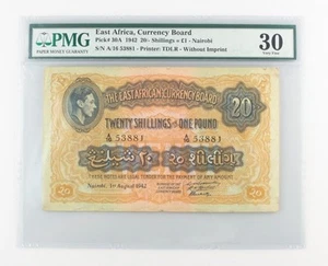 1942 East Africa 20 Shillings or 1 Pound (VF-30 PMG) Currency Board /- £ P-30A - Picture 1 of 4