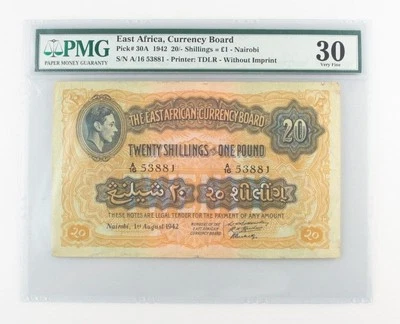 1942 East Africa 20 Shillings or 1 Pound (VF-30 PMG) Currency Board /- £ P-30A - Image 1 of 4