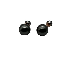 Double-Sided Rose Gold & Grey Bead Stud Earrings Modern Minimalist Jewelry - Picture 1 of 5