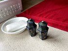 Pr of antique Cloisonné Enamel miniature 6 sided covered vases urns jars 3 1/8 "