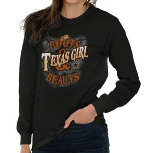 Texas Girl Boots And Beauts Country Cowgirl Long Sleeve T Shirt Tees For Women - Picture 1 of 8