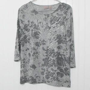 Chico's Easy Wear 1 Metallic Gray Black Round Neck 3/4 Sleeve Side Slit Top M - Picture 1 of 10