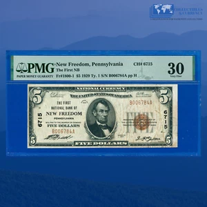 1929 $5 First National Bank Of NEW FREEDOM, PA Charter #6715, PMG 30 - Picture 1 of 3