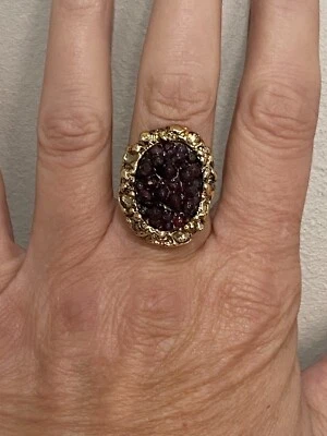 Genuine Garnet Bead Designer "Double Happiness" Bronze Gold Plated Ring Size 8 - Image 1 of 4