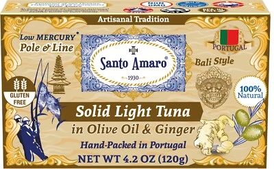 6 Pk: Santo Amaro Pole & Line Wild Tuna Fillets in Virgin Olive Oil - GINGER - Image 1 of 4