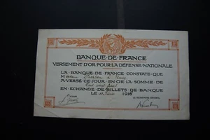 VIEUX PAPIER BANQUE DE FRANCE VERSEMENT D'OR POUR LA DEFENSE NATIONALE - Picture 1 of 2