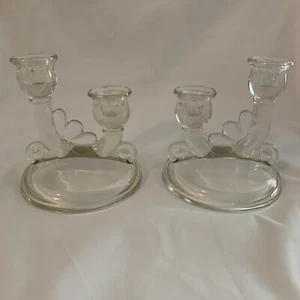 Vintage Jeannettte Candleholders Clear Glass Pair Double Handle Art Deco - Picture 1 of 8