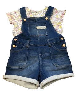BCBG Girls 2 Piece Shortall Set Size 6 Blue Floral Shirt Short Overalls - Picture 1 of 4