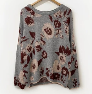 Floral Boho Knit Relaxed Jumper Women's XL Grey Red Pink Wide Neck Drop Shoulder - Picture 1 of 18