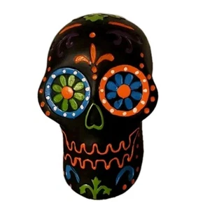 Sugar Skull Black Head Halloween Decor Day of the Dead Neon Paint 7" x 5" Resin - Picture 1 of 6