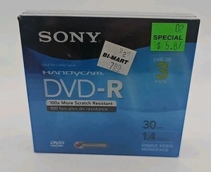 Sony Handycam DVD-R 30 Min 1.4GB Recordable Disc 3 PACK New Sealed - Picture 1 of 4