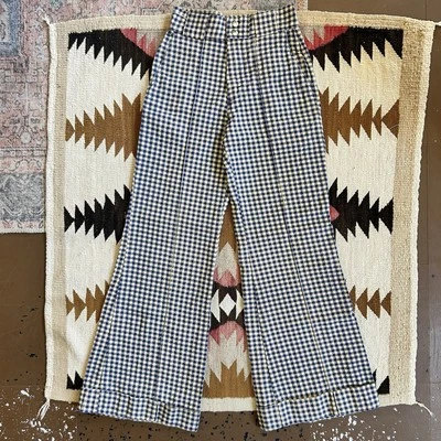 Calça parte inferior vintage 1960 xadrez mistura de algodão alargamento sino tamanho 25x31 - Imagem 1 de 4