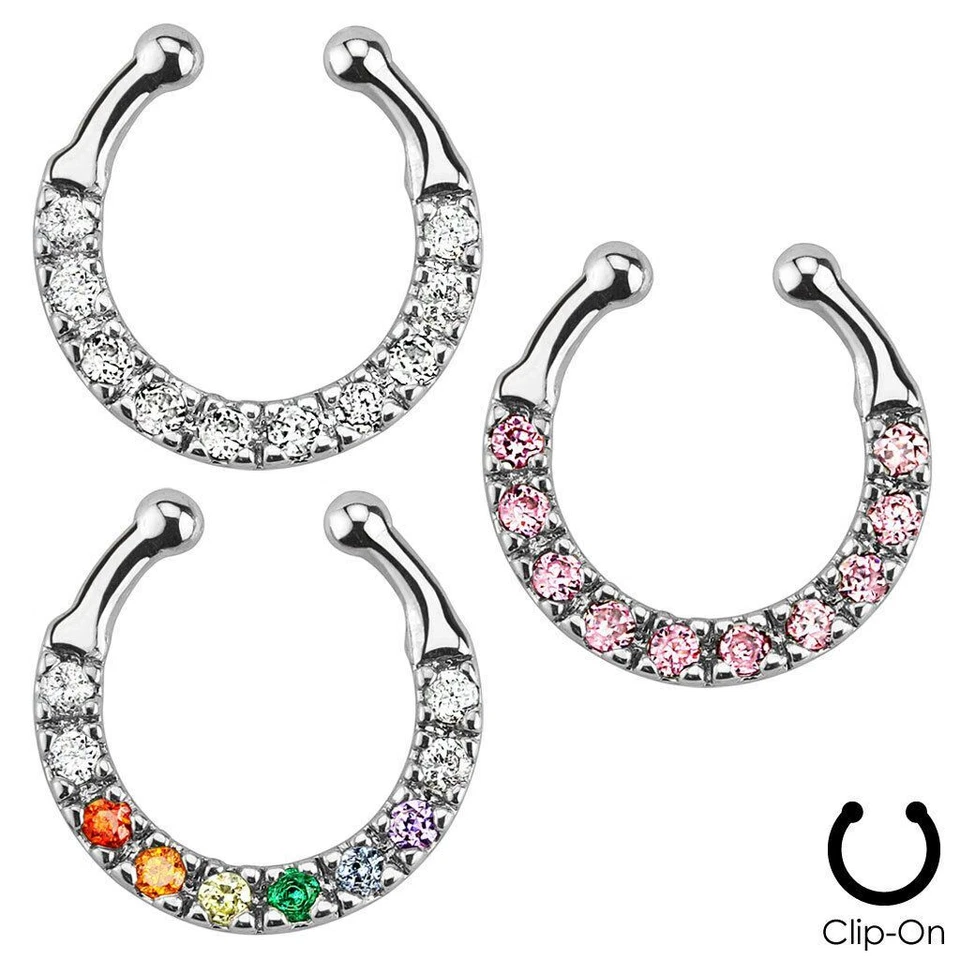 Clip en falso tabique clicker sin piercing nariz anillo aro circonita cúbica rosa transparente arco iris Foto 1 de 1