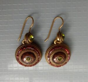 Chicos Earrings Drop Dangle French Wire Gold Tone with Red & Green Glass/Stones