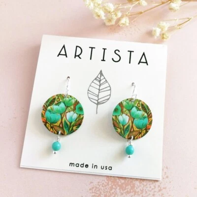 Pendientes Artista Verde Tulipán Pequeño Floral Redondo con Cuentas Ligeros Únicos Foto 1 de 3