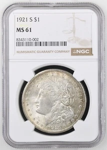 1921-S Morgan Dollar NGC zertifiziert MS61 - Bild 1 von 2