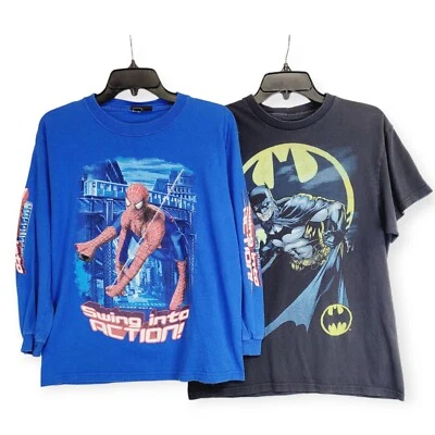 Lot 2 Boys T Shirts Size L Long Sleeve Blue Spiderman Short Sleeve Black Batman - Image 1 of 4