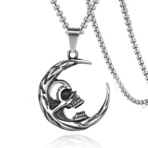 Silver Skull Crescent Moon Pendant Necklace Punk Gothic Jewelry Men Women 24" - Picture 1 of 4
