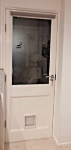 EXTERNAL HALF DOUBLE GLAZED DOOR HOWDENS BRUSHED STEEL HANDLES LOCK KEYS BLIND - Picture 1 of 4