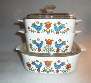 Corning Ware Country Festival Blue Bird 2 Qt, 1- 1/2 Qt & 1 Qt Casserole Dishes - Picture 1 of 6