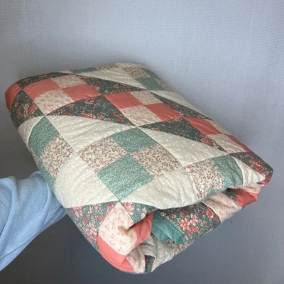 Handmade Patchwork Quilt Twin Size Coral Green Floral Farmhouse Cozy Bedspread - Image 1 of 4