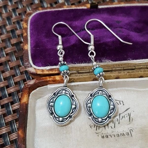 Vintage 925 Sterling Silver Earrings, Natural Turquoise Dangle, Southwest, USA  - Picture 1 of 7