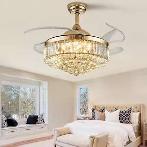 CROSSIO Modern Crystal Ceiling Fans with Lights and Remote Retractable Invisi... - Picture 1 of 9