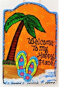 FLIP FLOPS Happy Place SIGN Wall Art Plaque Deck Pool Hot Tub Tiki Bar Patio - Picture 1 of 1