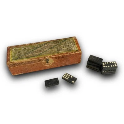 Antique 1920s Set of 45 Hand Carved Embossed Hard Wood Dominoes in Original Box - Image 1 of 4