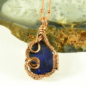 Lapis Lazuli Crystal Pendant Copper Wire Wrapped Authentic Gemstone Jewelry - Picture 1 of 3