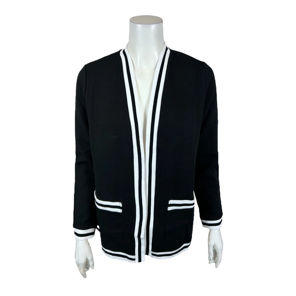 Isaac Mizrahi Women's Knit Pique Cardigan with Varsity Stripe Black X-Small Size Foto 1 de 2