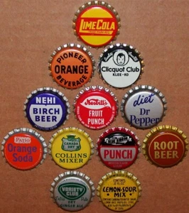 Vintage soda pop bottle caps 12 ALL DIFFERENT cork lined mix #25 new old stock - Picture 1 of 3
