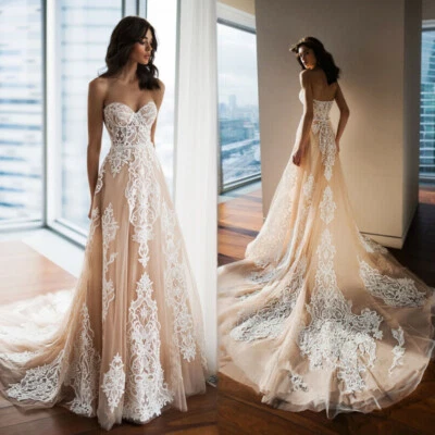 Exquisite Champagne Wedding Dresses Lace Sweep Train Tulle A Line Bridal Gowns - Image 1 of 4
