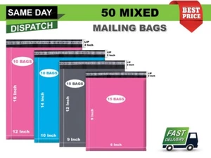 50 Mixed Mailing Plastic Bags Poly Postage Parcel Bag Grey Pink Blue in 4 Sizes  - Picture 1 of 1