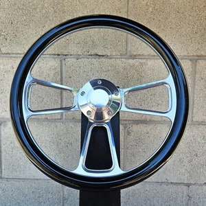 14" Polished Half Wrap Steering Wheel Black Hydro Chevy Muscle C10 Ford Hot Rod - Picture 1 of 5