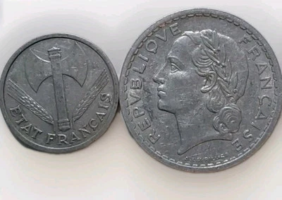 Monedas francesas de aluminio de la Segunda Guerra Mundial-1943 un franco 1945 cinco francos-estat francaise  Foto 1 de 4