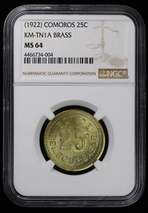 (1922) 25C Comoros Societe Anonyme Brass 25 Centimes NGC MS 64 | KM-TN1A - Picture 1 of 4