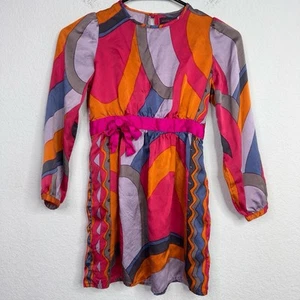 Antik Batik Dress Girls 8Y Colorful Silk Geometric Long Sleeve Psychedelic Retro - Picture 1 of 6