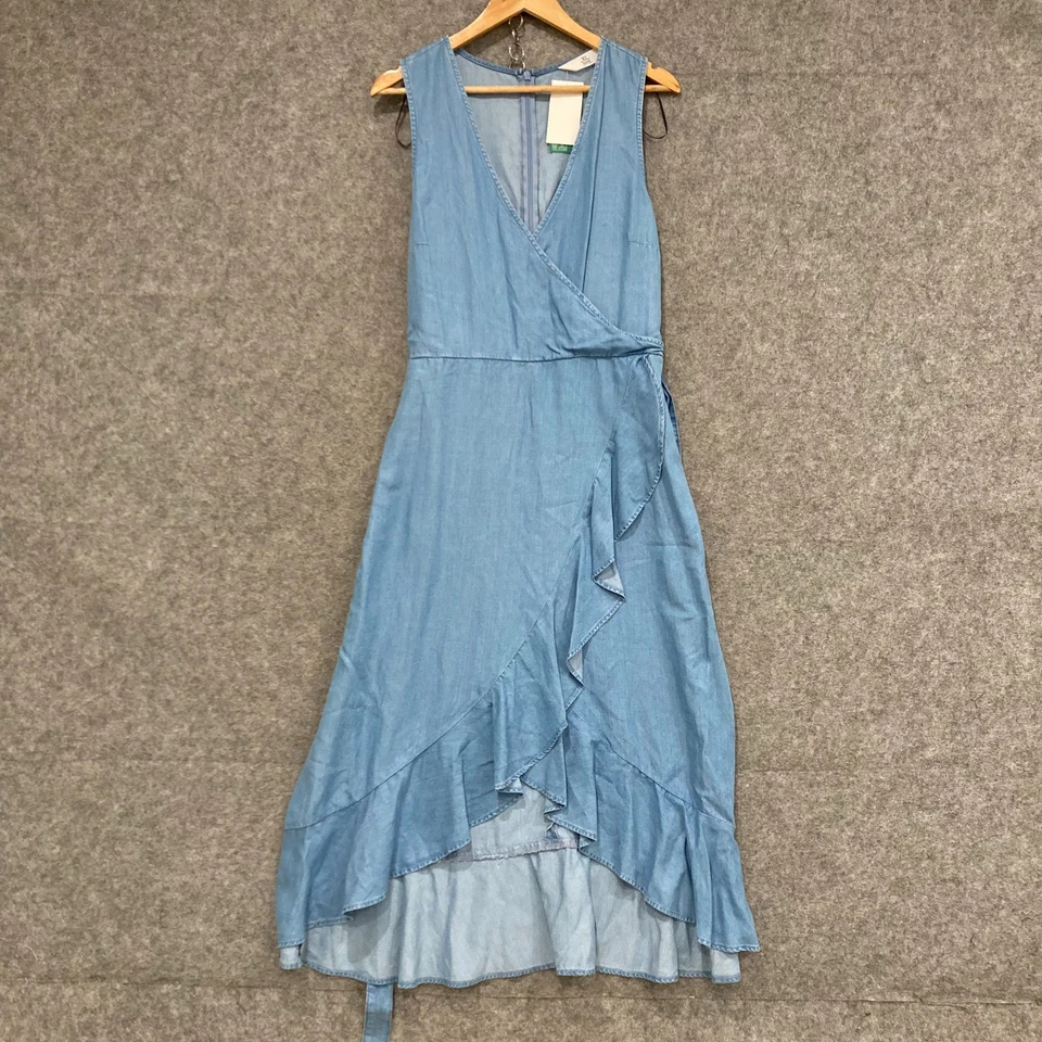 NEW H&M Dress Womens Size 14 Blue V-Neck Belt Wrap Midi Lyocell Denim 52104 - image 1 of 4