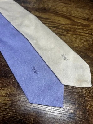 Vtg Yves Saint Laurent YSL Men's Linen Neckties Blue & Yellow Embroidered 3"x55" - Image 1 of 4