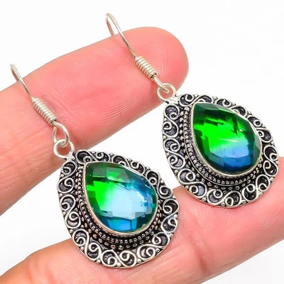 Pendiente de plata de ley 925 con piedras preciosas de turmalina bicolor 1,89" a049 Foto 1 de 4