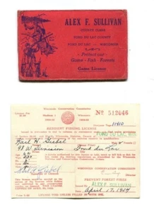 Vintage 1954 WISCONSIN RESIDENT FISHING LICENSE & envelope ALEX SULLIVAN cty clk - Picture 1 of 1