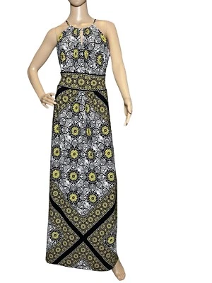 London Times Floral Mandala Button neck keyhole Maxi Flowy Yellow Dress Sz 4 - Image 1 of 4