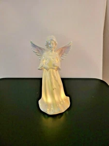 Ángel Iluminado con Estatuilla Estrella Perla Lustre Cerámica Iridiscente 8" - Imagen 1 de 12