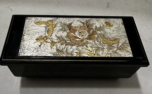 Vintage Black Lacquer Etched Floral  Music Box Jewelry Box Japan Paraganini - Picture 1 of 13